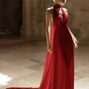 Red Elegant Women's Deep V-Neck Spaghetti Strap Mermaid Maxi Dress